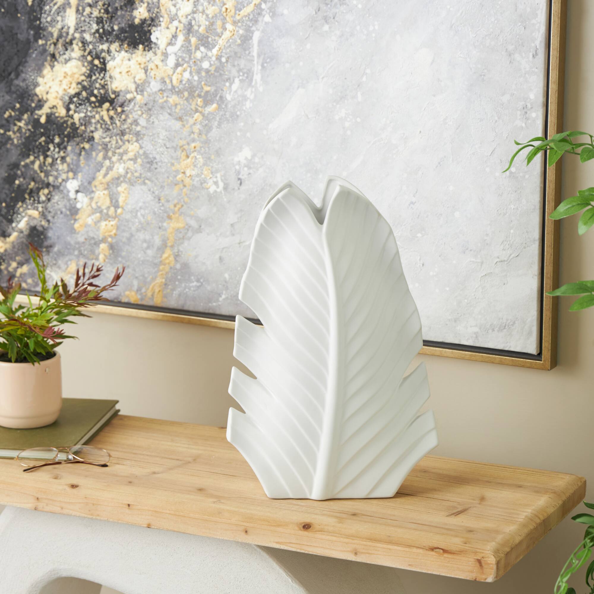 17" White Palm Tree Curved Leaf Decorative Ceramic Vase